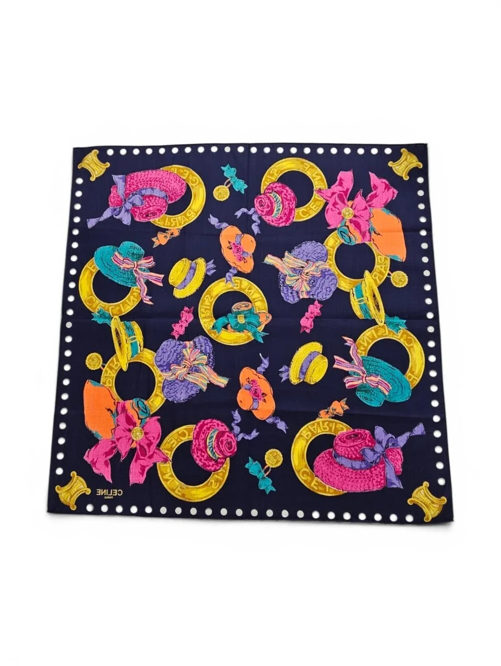 Celine Paris Cotton Scarf with Navy, Magenta & Gold Hats And Rings Print - Picture 3 of 7